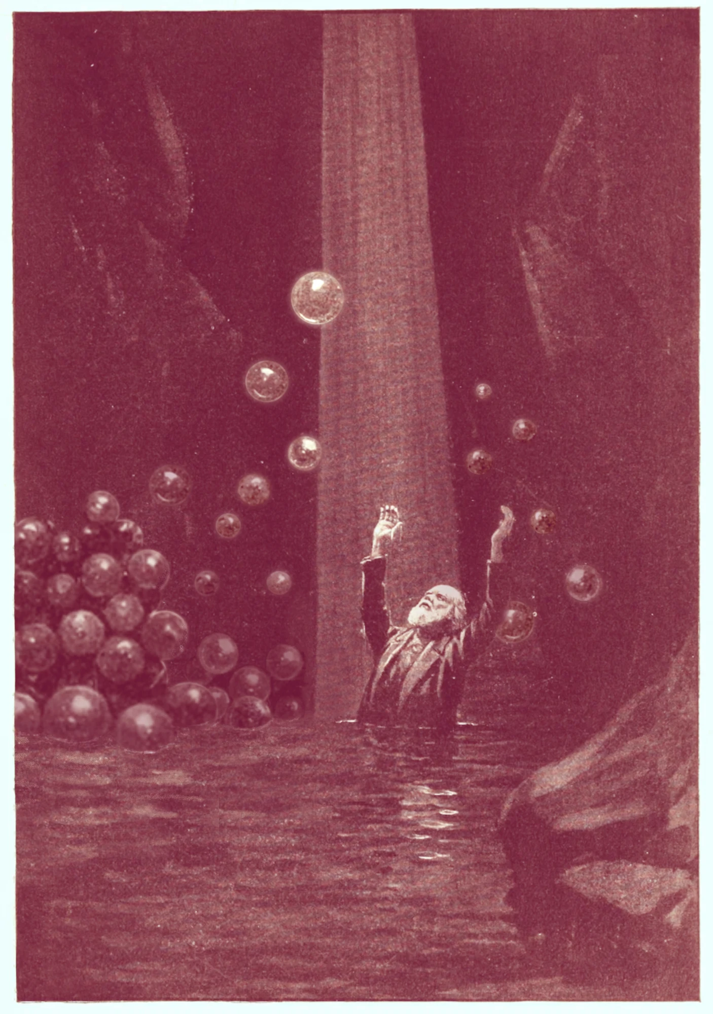 Ilustración antigua de un hombre en el agua rodeado de burbujas