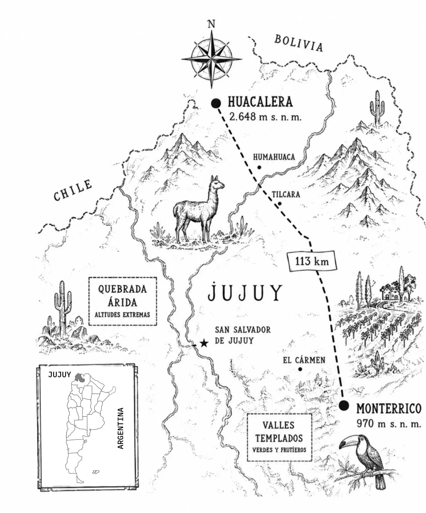 Mapa ilustrado de Jujuy: de Monterrico, 970 m s. n. m., a Huacalera, 2.648 m s. n. m., 113 km